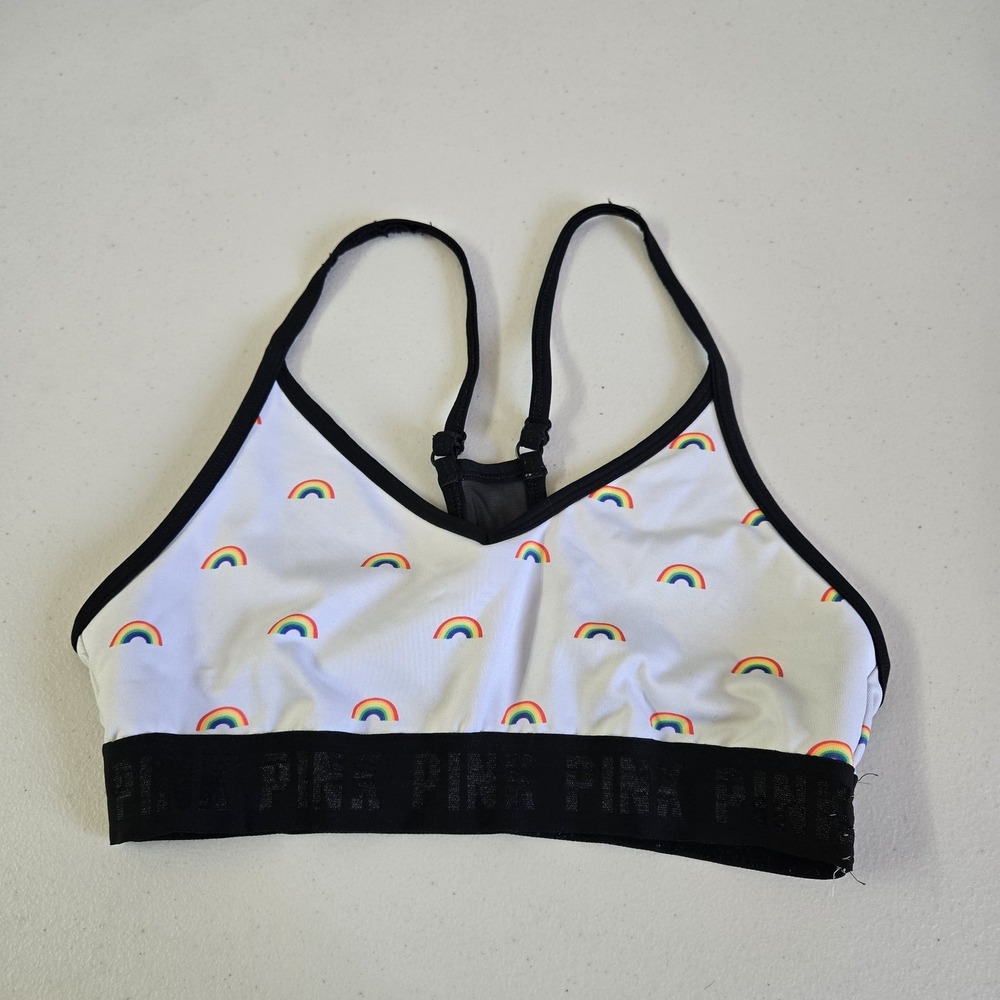 PINK Women Sports Bra Small White Rainbow AOP Ultimate Lightly Lined READ